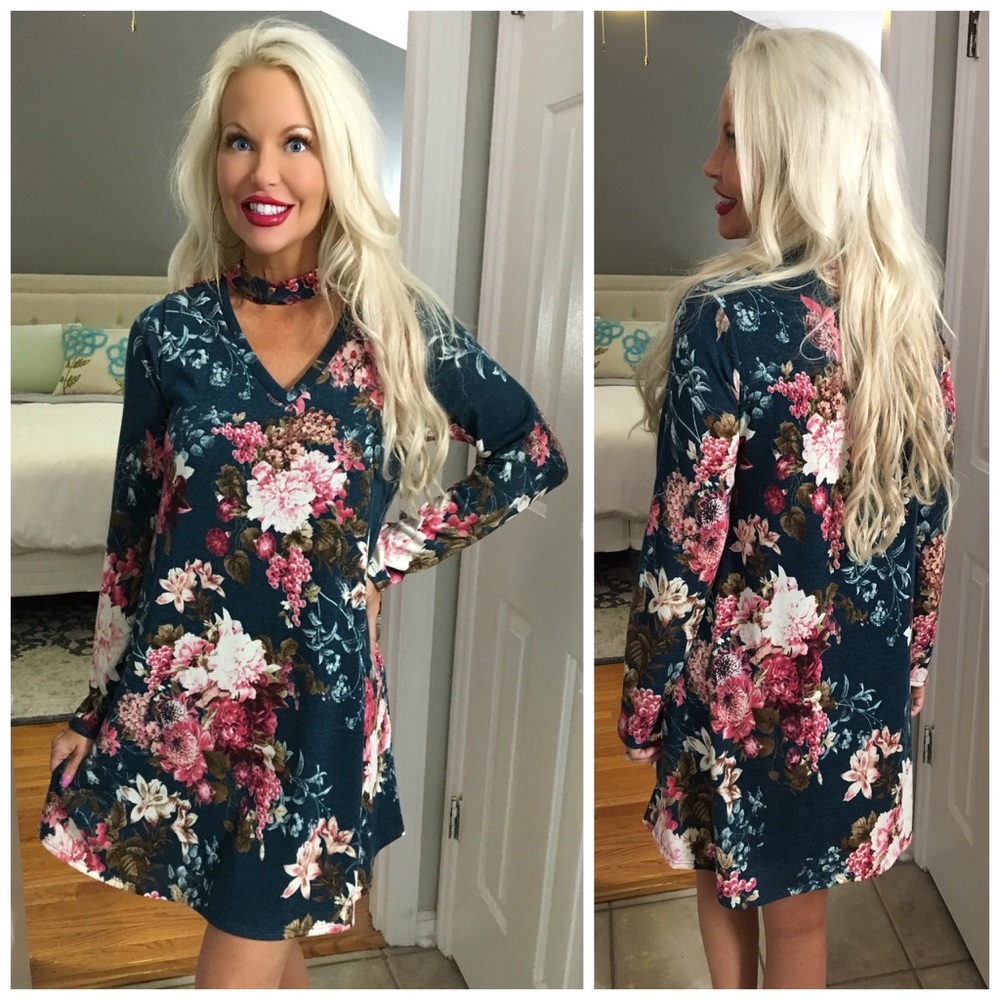 LAST 1! ❤️Teal and Fuchsia Floral Choker Dress! - Picture 3 of 3